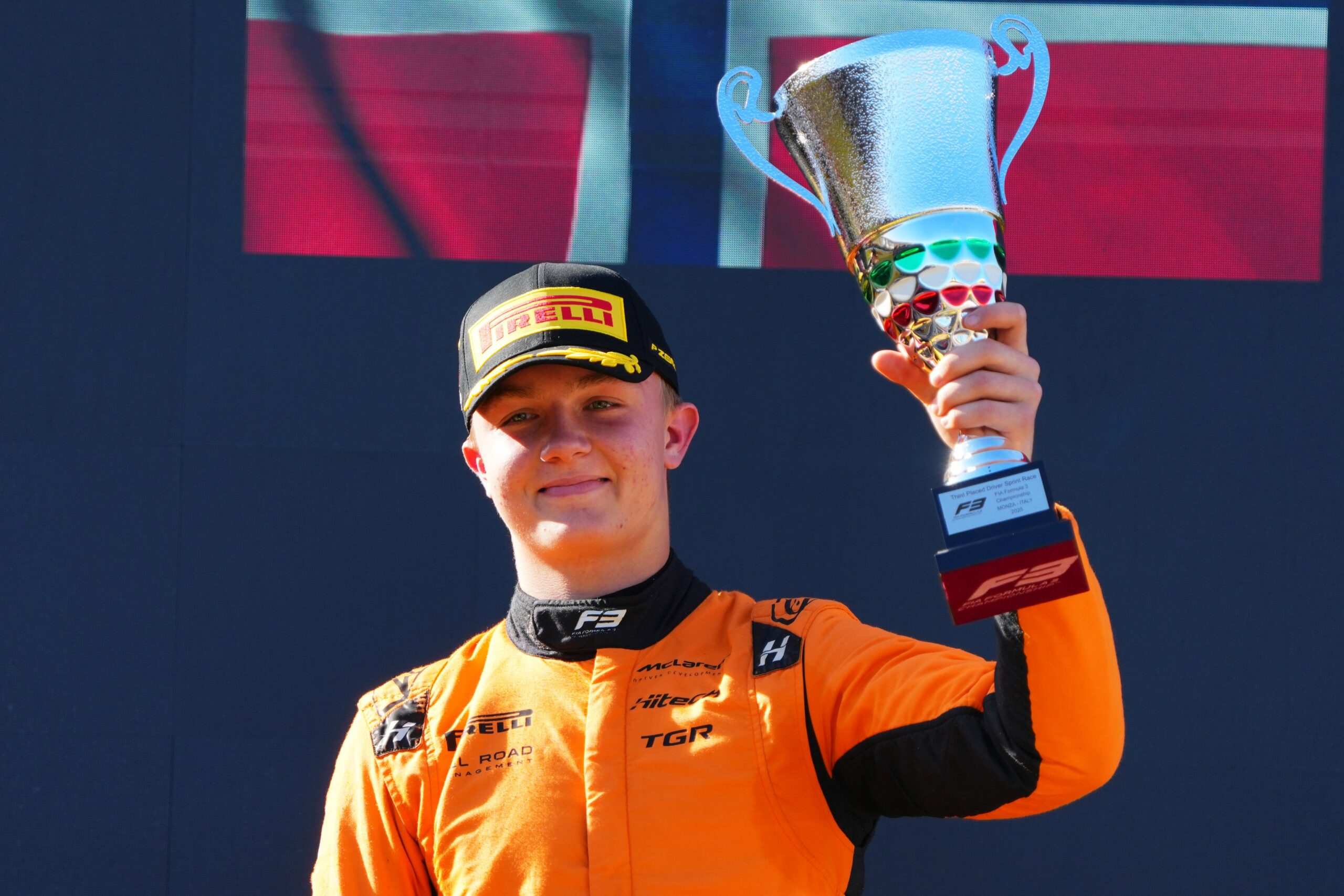 Hitech's Martinius Stenshorne up on the podium after his P3 finish during the F3 Italian GP Sprint race