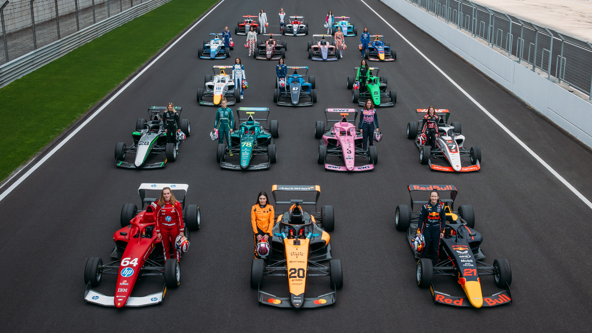 F1 Academy 2025 cars and drivers lined up on grid