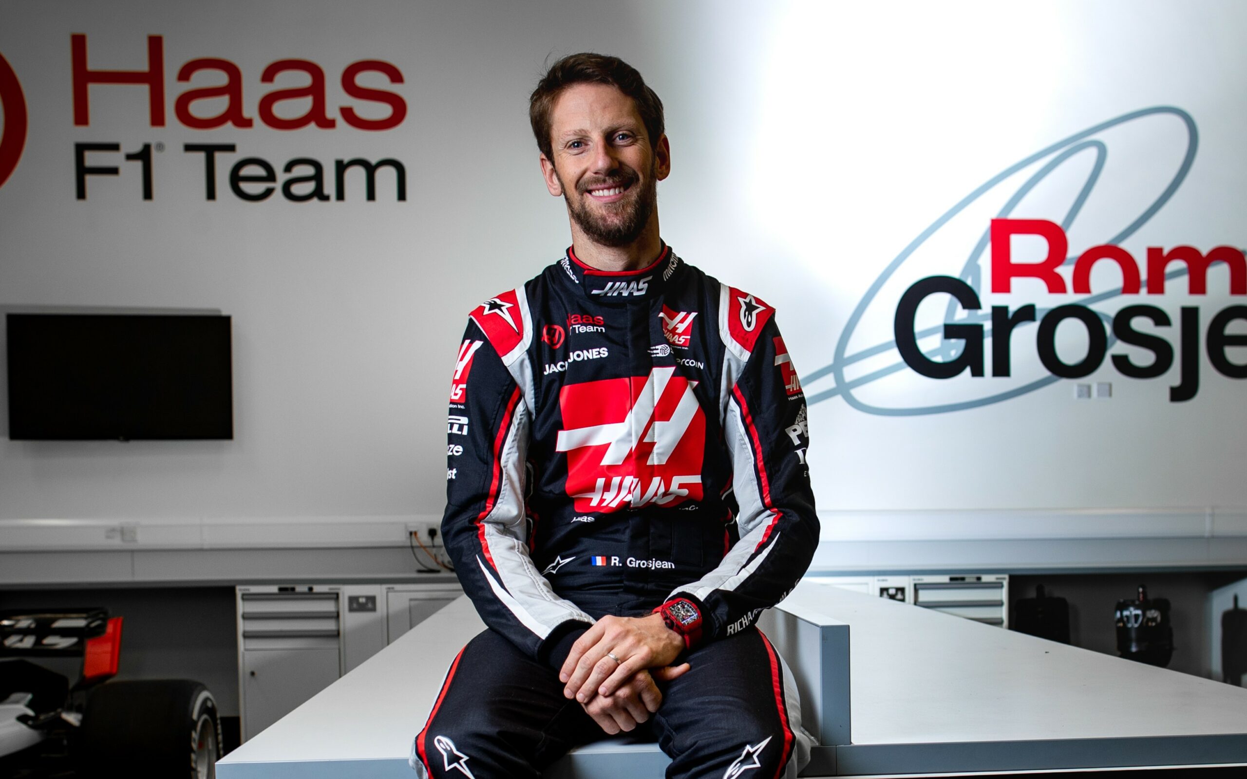 Romain Grosjean in a media day photoshot for Haas F1 Team before the start of the 2020 season, in light of his return for the Mugello test