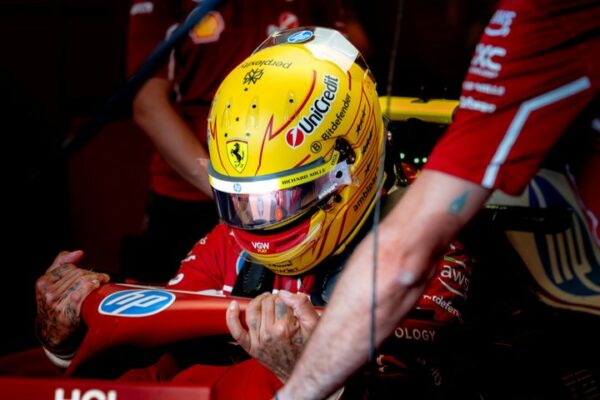 Scuderia Ferrari's Lewis Hamilton getting into his car on Saturday at the F1 Azerbaijan GP, following statements regarding the 2026 regulations car from simulator