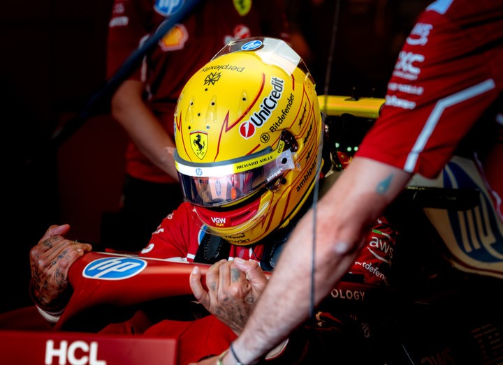 Scuderia Ferrari's Lewis Hamilton getting into his car on Saturday at the F1 Azerbaijan GP, following statements regarding the 2026 regulations car from simulator