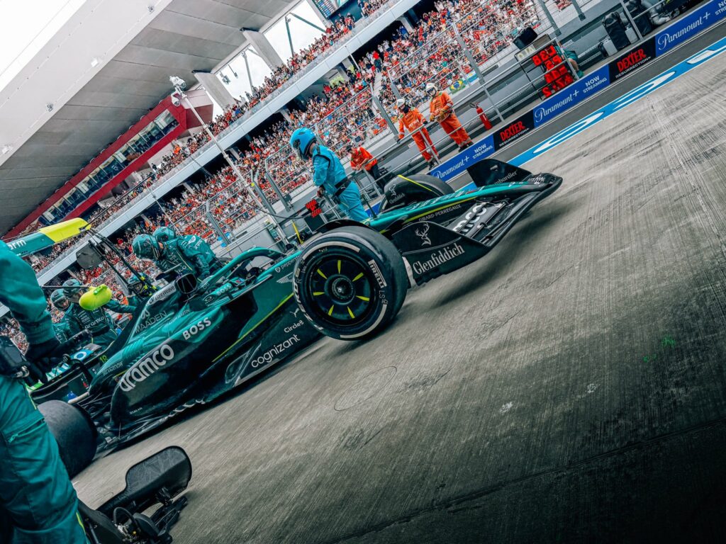 Lance Stroll making his only pit stop of the race for Aston Martin at the F1 Hungarian GP