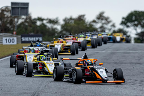 Fausto Arnaudo wins twice on his Brazilian F4 debut at Velocittà as Pedro Lins charges from 13th and Gentil keeps the lead intact.