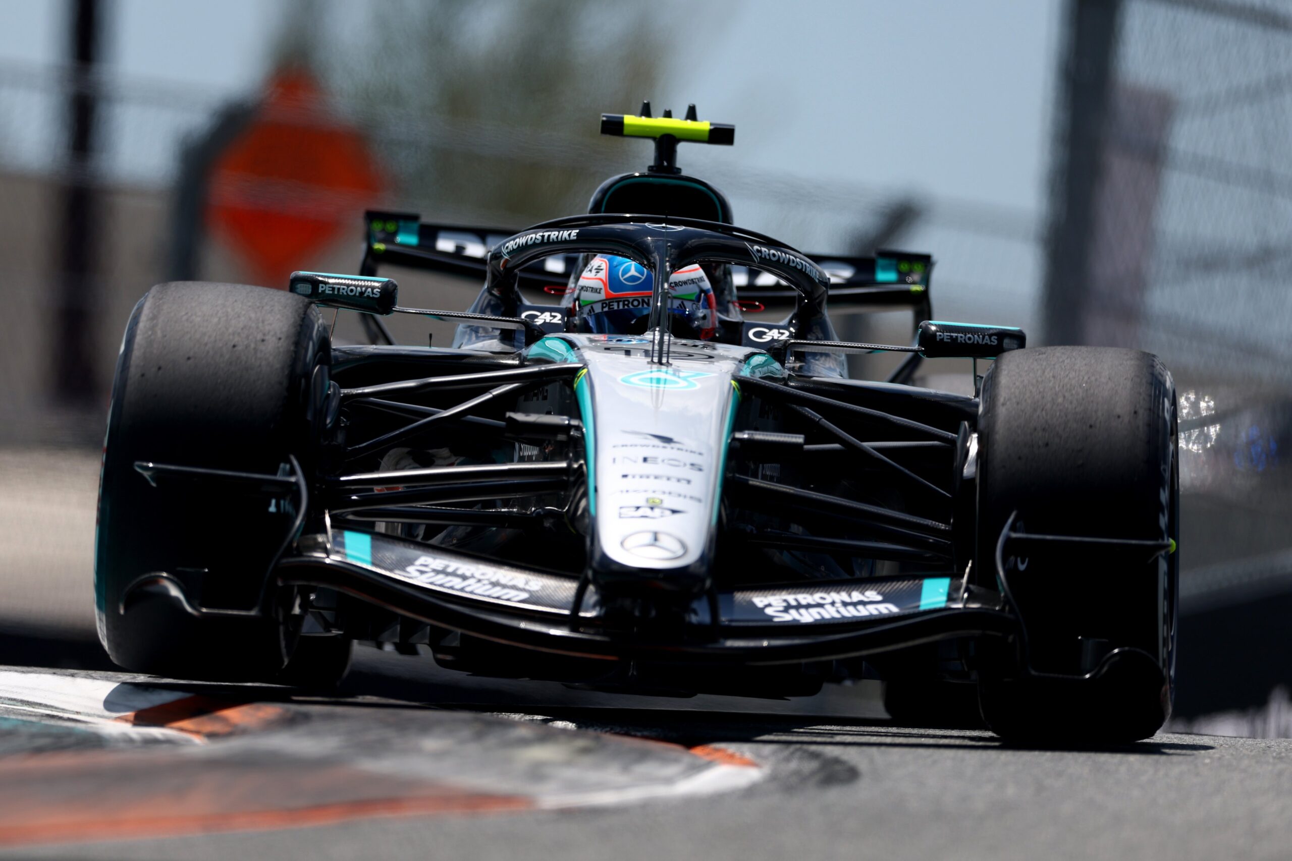 Kimi Antonelli on track in his Mercedes in qualifying for the 2026 F1 Miami GP.