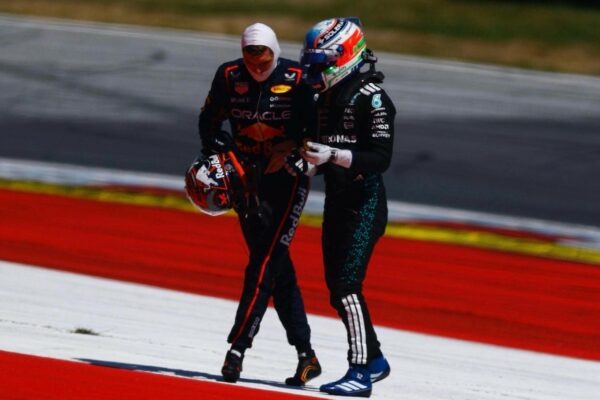 Mercedes' Kimi Antonelli and Red Bull's Max Verstappen after their race ending collision during the F1 Austrian GP