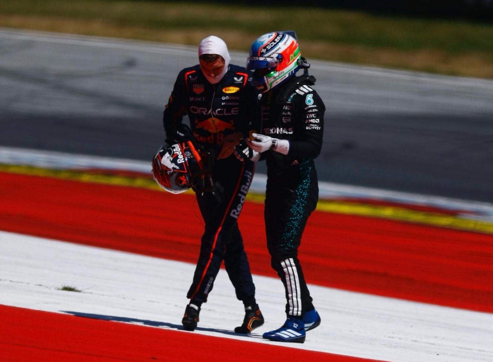 Mercedes' Kimi Antonelli and Red Bull's Max Verstappen after their race ending collision during the F1 Austrian GP