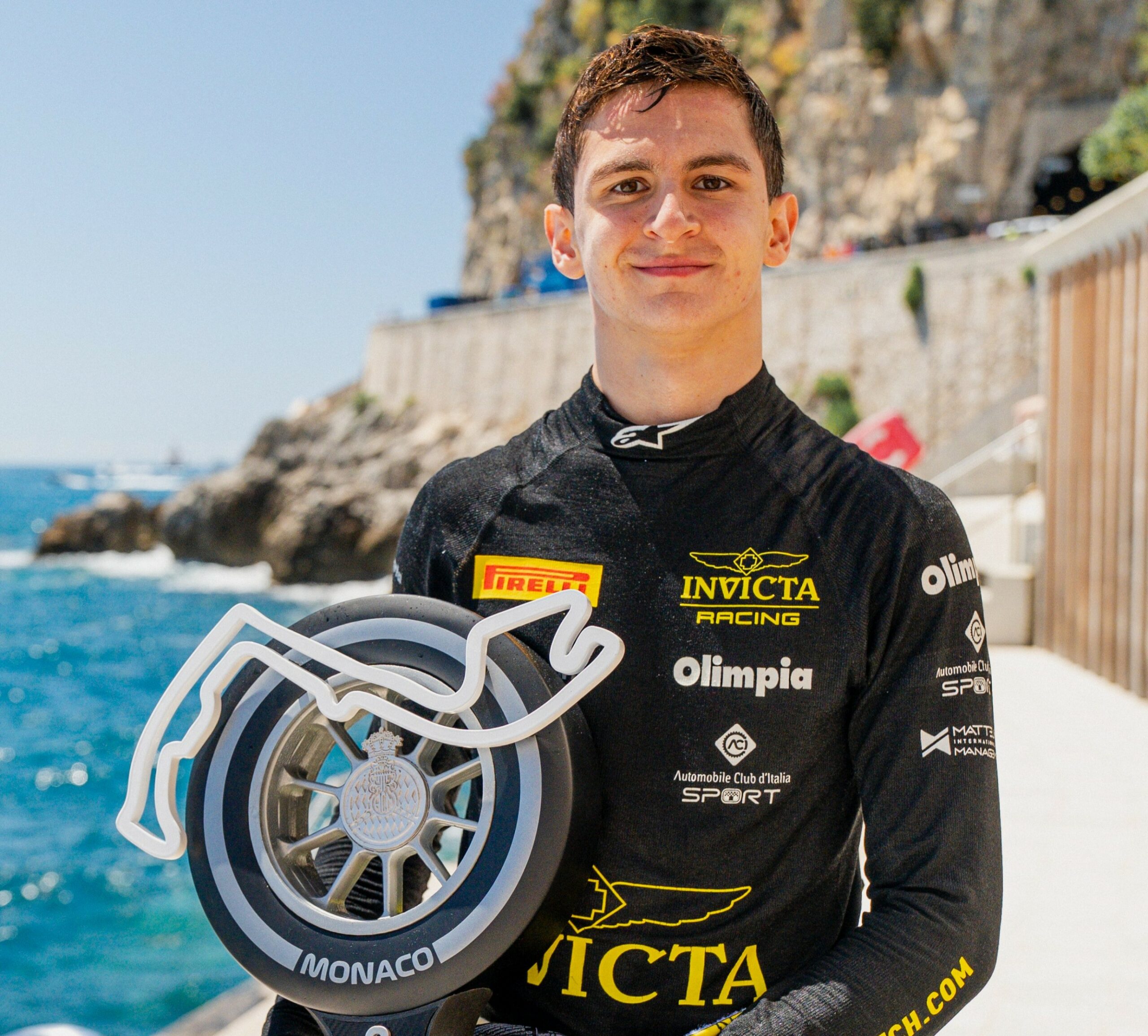 Invicta Racing's Leonardo Fornaroli with the P2 trophy after the F2 Monaco GP