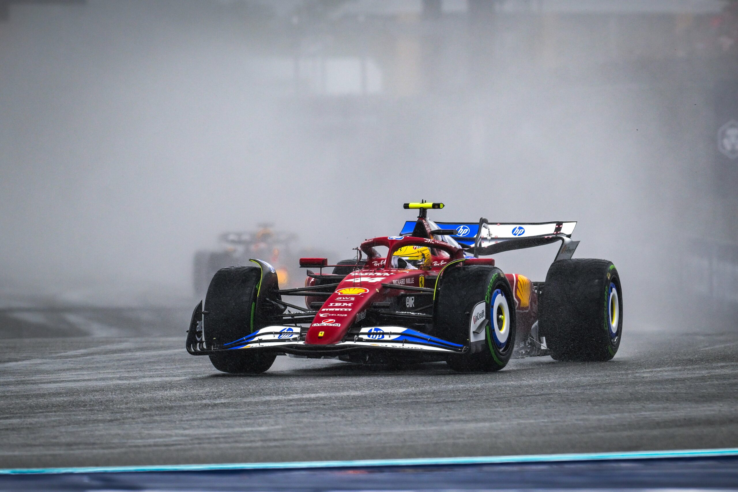 Scuderia Ferrari's Lewis Hamilton driving on the track after winning P3 in the Sprint Race at Miami GP
