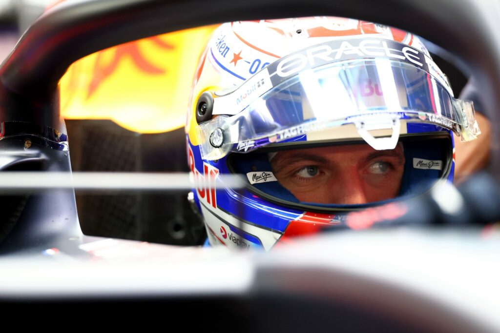 Red Bull Racing's Max Verstappen focusing during qualifying for the F1 Las Vegas GP