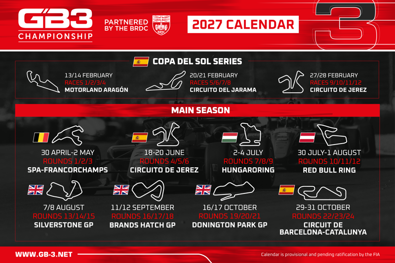 GB3 reveals a European-focused 2027 calendar, with Spa opening the season, Jerez joining and Barcelona retaining the finale.