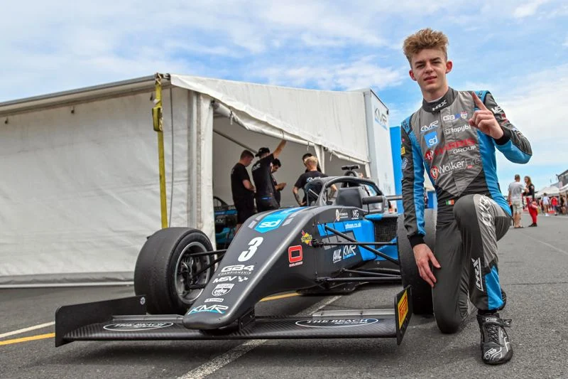Alex O’Grady claimed a 2026 GB4 double pole at Donington Park, leading Thomas Ingram Hill and Enzo Hallman across the two grids.
