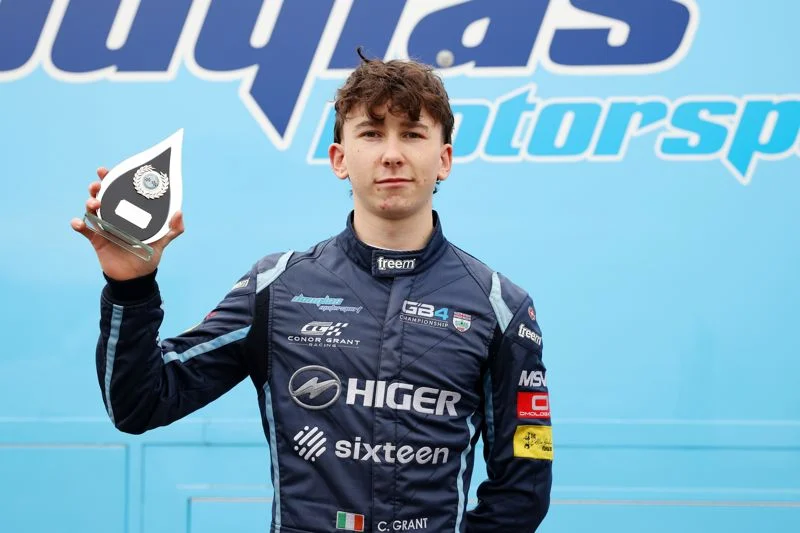 Conor Grant celebrates his first GB4 pole at Snetterton after edging George Proudford-Nalder by 0.020s and eyes his first race win