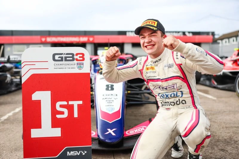 Campbell-Pilling claims maiden GB3 victory at Donington Park in Race 3, ahead of Bouzinelos and Pulling after a frantic home race.