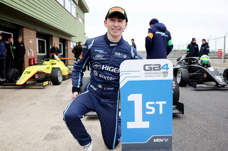 Conor Grant holds off George Proudford-Nalder to win the first GB4 Winter Series race at Snetterton in 2026, with Jesse Phillips third.