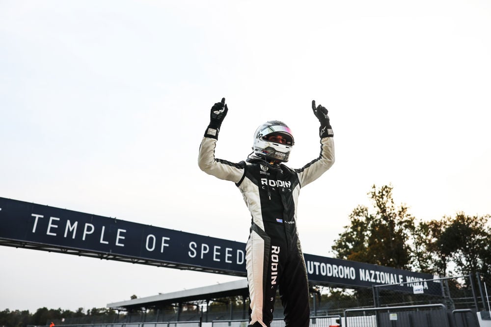 Alex Ninovic celebrates at Monza. Ninovic is the 2025 GB3 Champion
