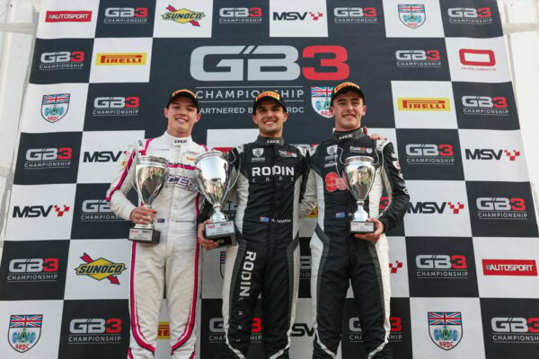 Alex Ninovic (P1) and Gianmarco Pradel (P3) of Rodin Motorsport, and Patrick Heuzenroeder (P2) of Xcel Motorsport on podium after Race 1 of the 2025 GB3 season finale in Monza