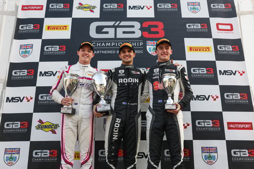 Alex Ninovic (P1) and Gianmarco Pradel (P3) of Rodin Motorsport, and Patrick Heuzenroeder (P2) of Xcel Motorsport on podium after Race 1 of the 2025 GB3 season finale in Monza