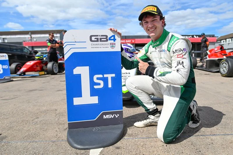Josh McLean fights back from fifth to win a chaotic 2026 GB4 Race 3 at Donington Park, beating Demitri Nolan after two dramatic starts.