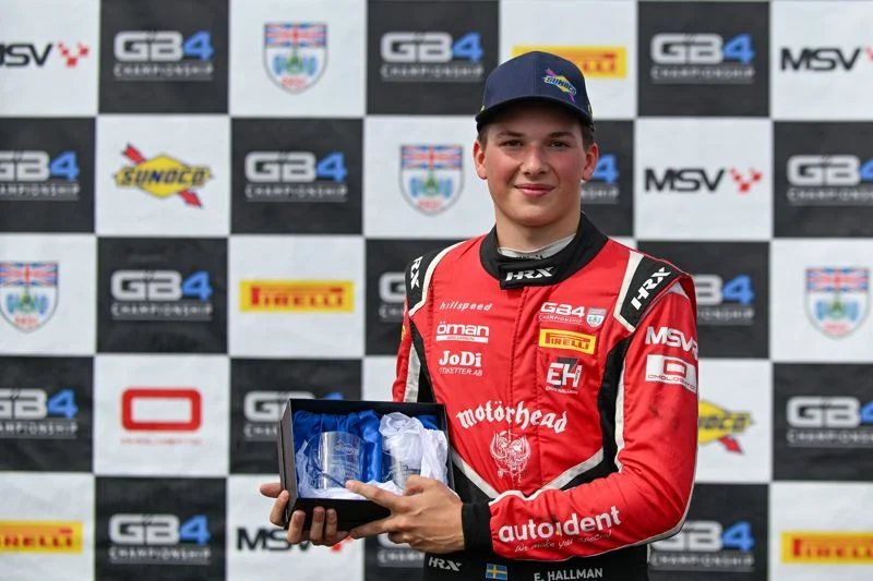 Enzo Hallman takes the Sunoco Fastest Driver award at Donington Park, after setting the weekend’s quickest GB4 race lap in Race 3.