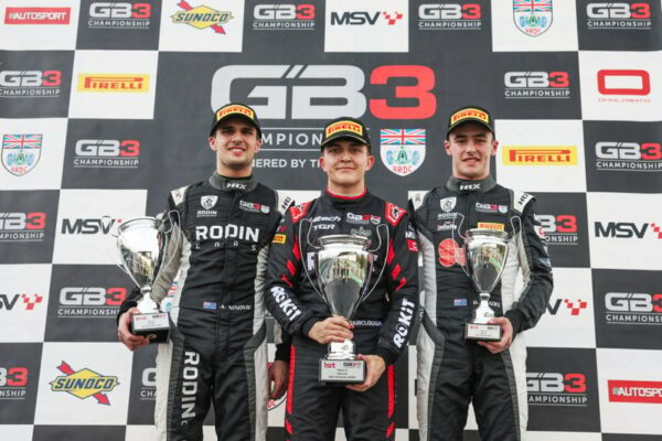 Hitech TGR's Deagen Fairlough (P1), and Rodin Motorsport's Alex Ninovic and Gianmarco Pradel (P2 and P3 respectively) on Race 2 podium at the 2025 GB3 Monza Round