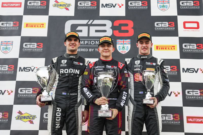 Hitech TGR's Deagen Fairlough (P1), and Rodin Motorsport's Alex Ninovic and Gianmarco Pradel (P2 and P3 respectively) on Race 2 podium at the 2025 GB3 Monza Round