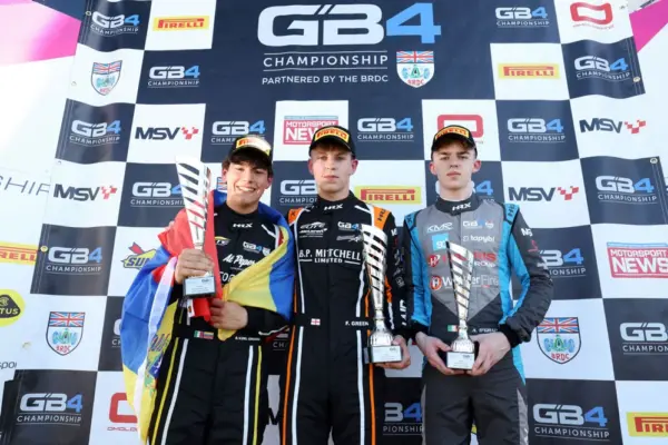 Fred Green wins 2026 GB4 Race 1 at Silverstone on debut, leading an Elite one-two as Luke Hilton storms from last to eighth.