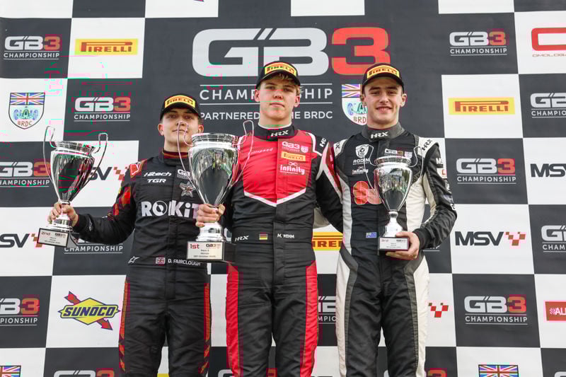 2025 GB3 Monza Race 3 podium featuring Maxim Rehm of Hillspeed (P1), Deagen Fairclough of Hitech TGR (P2) and Gianmarco Pradel of Rodin Motorsport (P3)