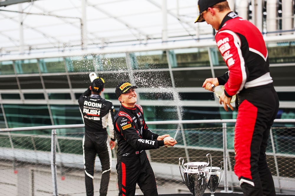 2025 GB3 Monza Race 3 podium featuring Maxim Rehm of Hillspeed (P1), Deagen Fairclough of Hitech TGR (P2) and Gianmarco Pradel of Rodin Motorsport (P3)