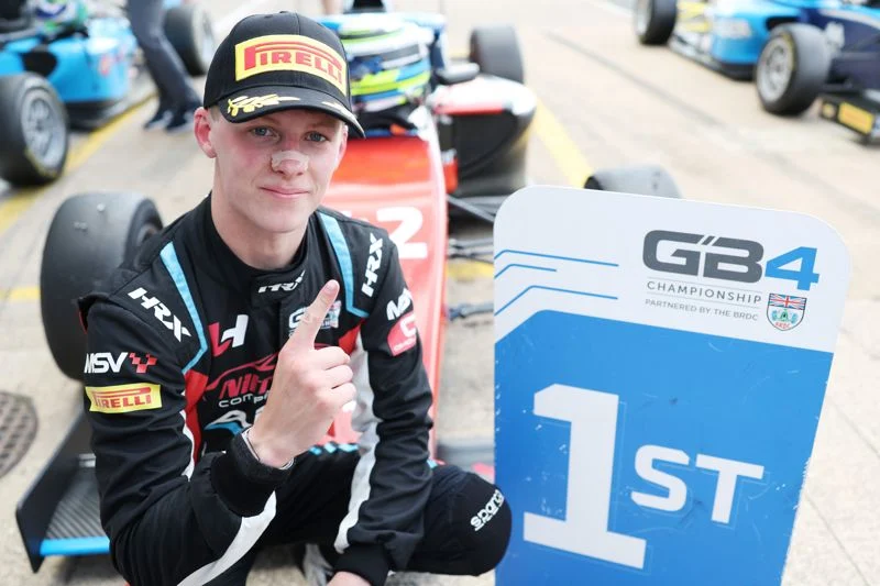 Luke Hilton wins 2026 GB4 Race 1 at Silverstone after the front-row starters collide, while Alex O’Grady extends his points lead.