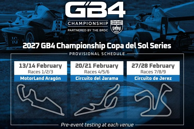 GB4 will race outside the UK for the first time with a nine-race Copa del Sol across Aragón, Jarama and Jerez in February 2027.