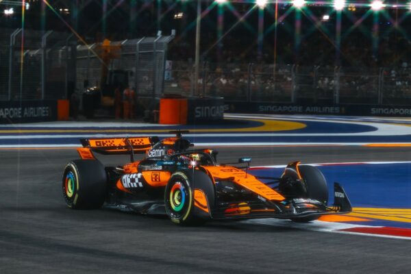 McLaren's Oscar Piastri on track around the F1 Singapore GP circuit as Lando Norris was involved in a FP incident