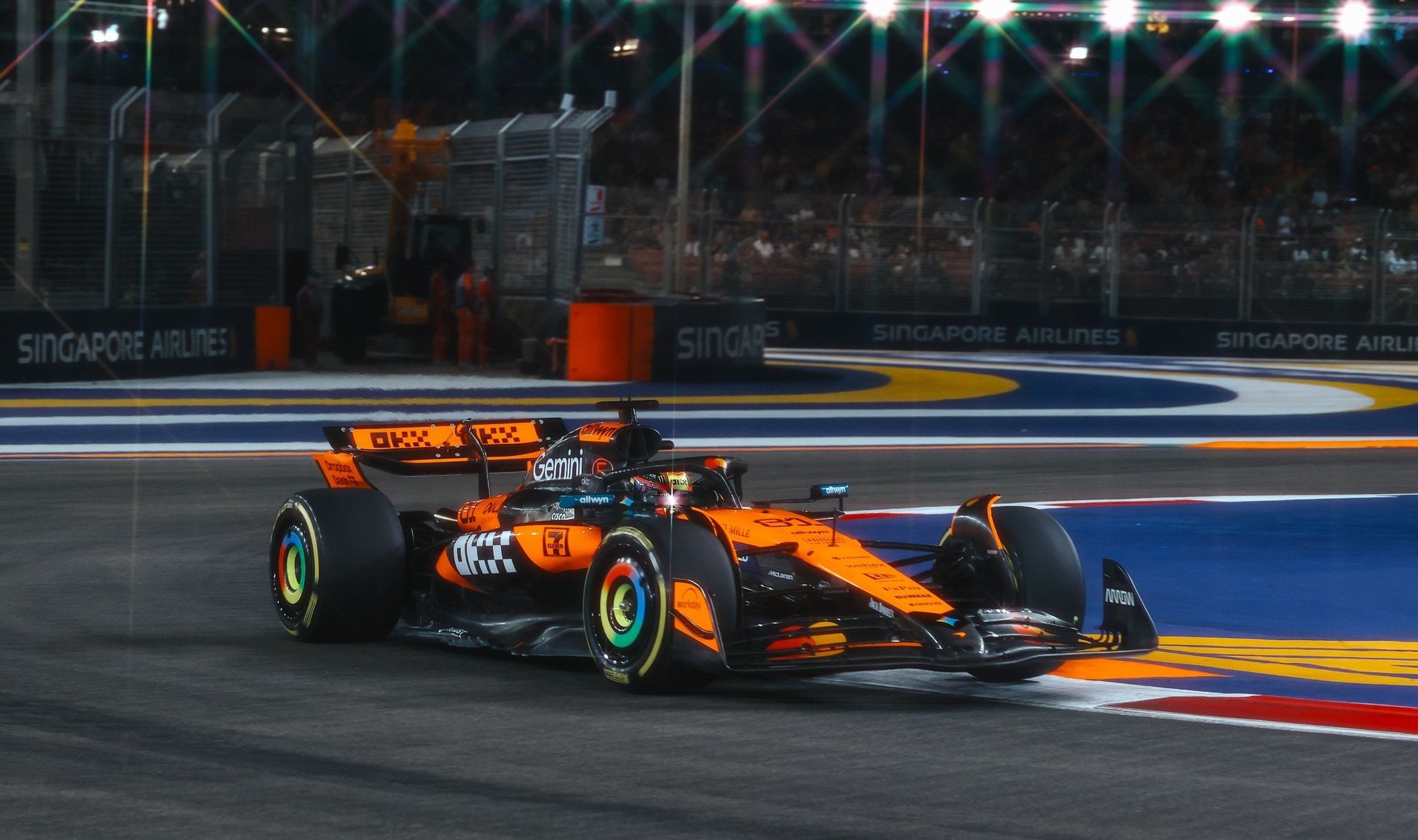 McLaren's Oscar Piastri on track around the F1 Singapore GP circuit as Lando Norris was involved in a FP incident