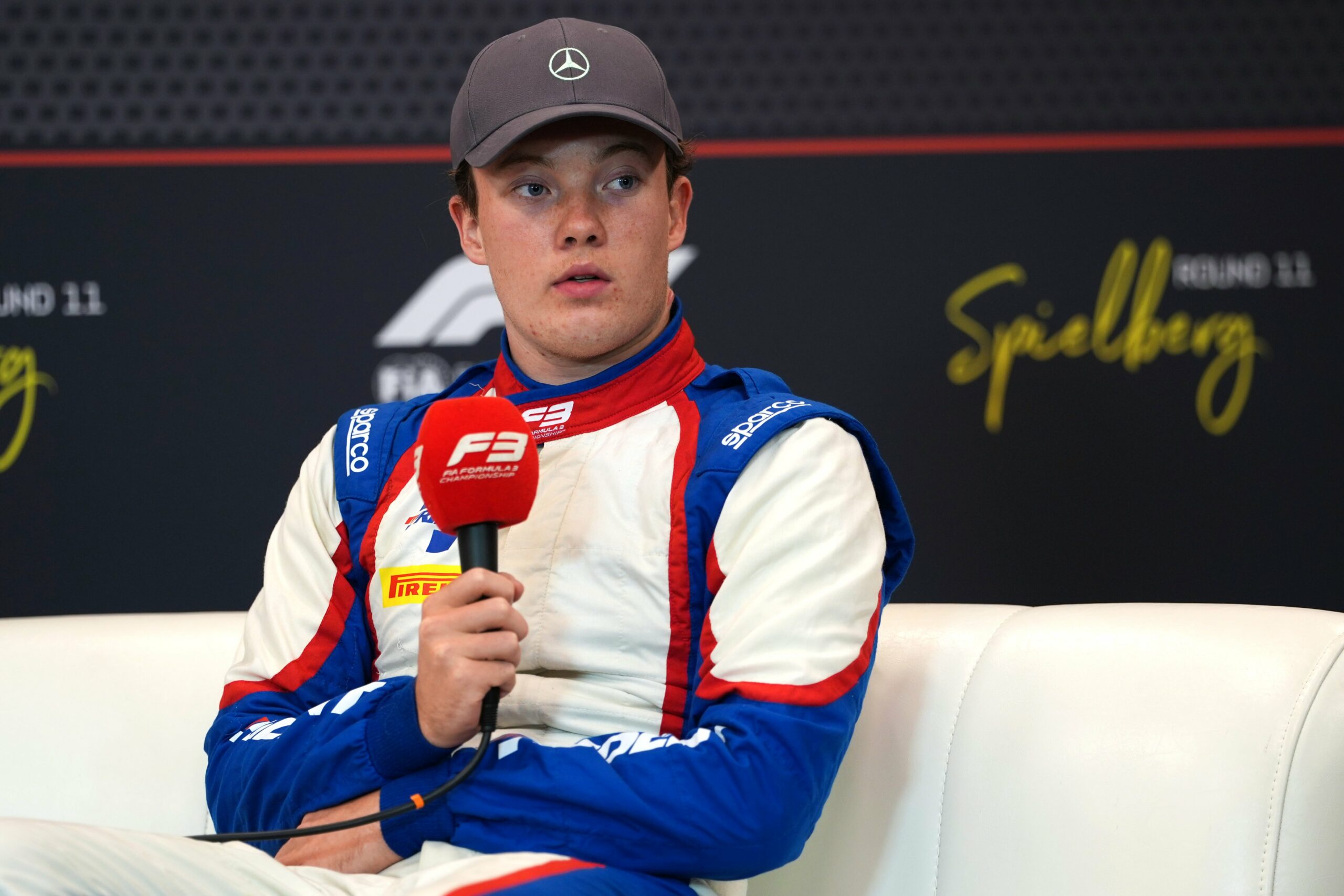 Trident's Noah Strømsted in the media session after claiming P3 in qualifying at the F3 Austrian GP