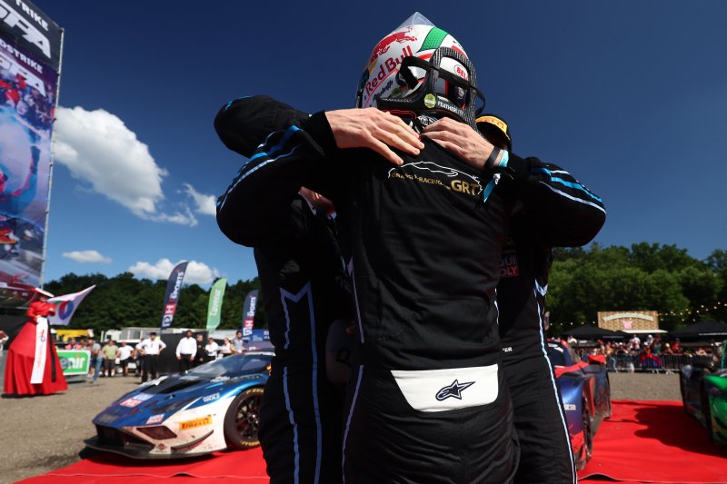 Mirko Bortolotti, Luca Engstler and Jordan Pepper hugging after winning the 2025 CrowdStrike 24h of Spa with the #63 Lamborghini