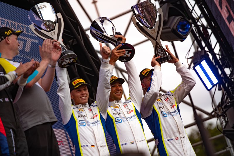 Luca Engstler, Jordan Pepper and Nicki Thiim on the podium of the CrowdStrike 24 Hours of Spa