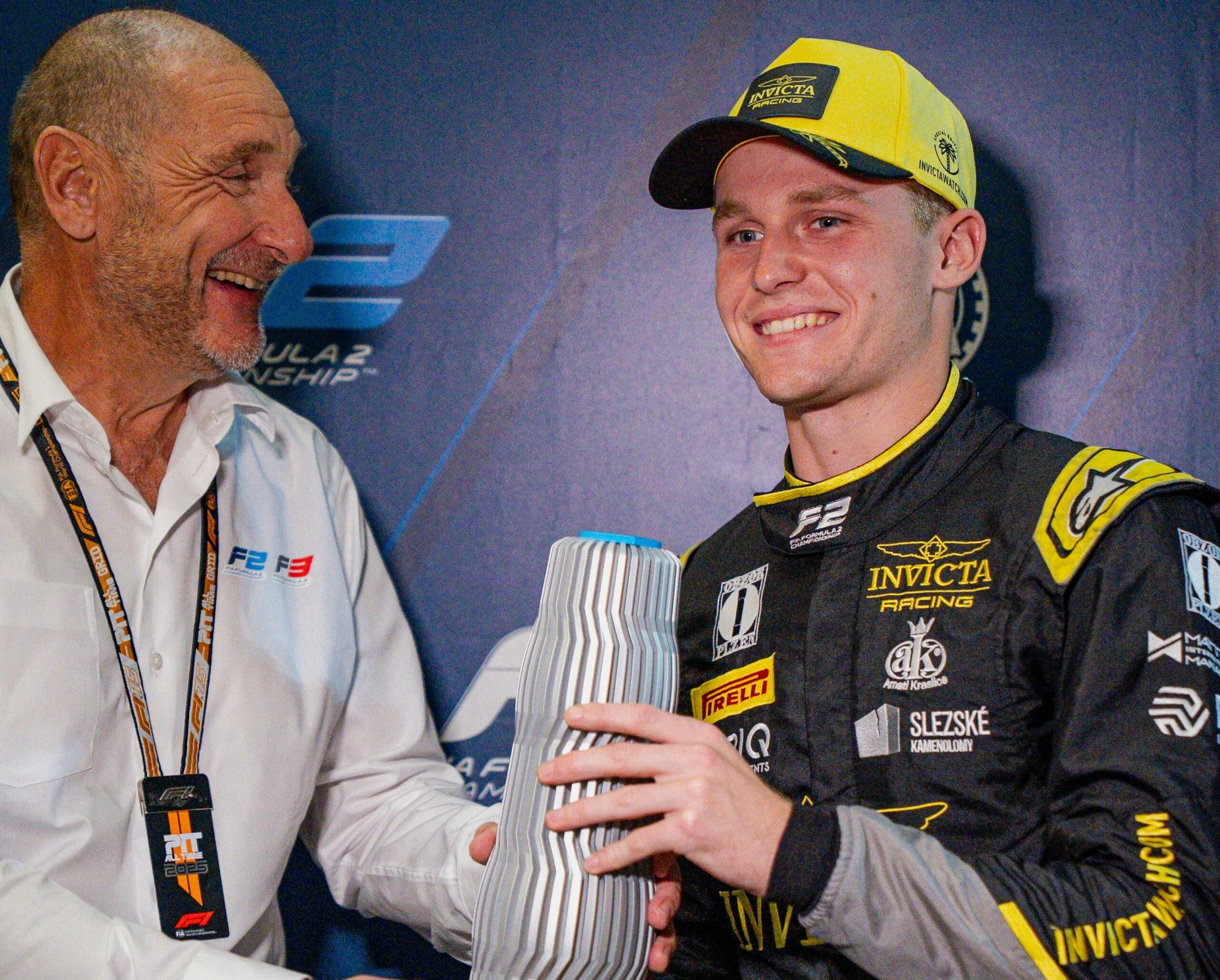 Roman Staněk, Invicta Racing driver, receiving the pole position award after claiming P1 in the F2 Abu Dhabi GP Qualifying.