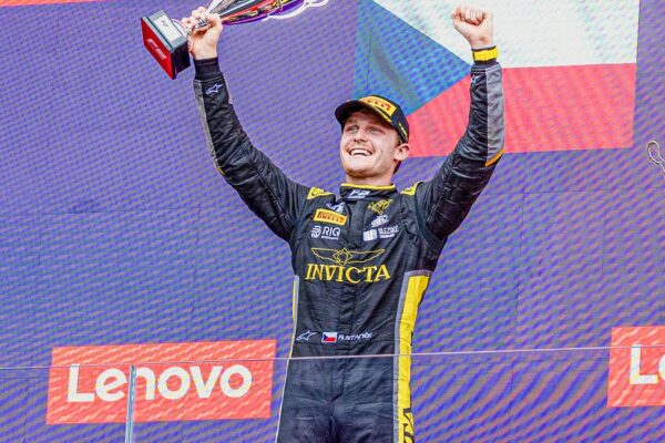 Invicta's Roman Staněk on the second place podium after finishing P2 during the F2 Hungarian GP Feature race