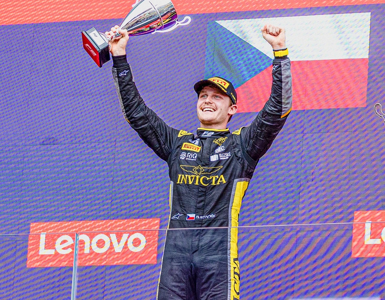 Invicta's Roman Staněk on the second place podium after finishing P2 during the F2 Hungarian GP Feature race