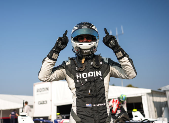 Alex Ninovic of Rodin Motorsport celebrates after double GB3 pole in Monza, 2025