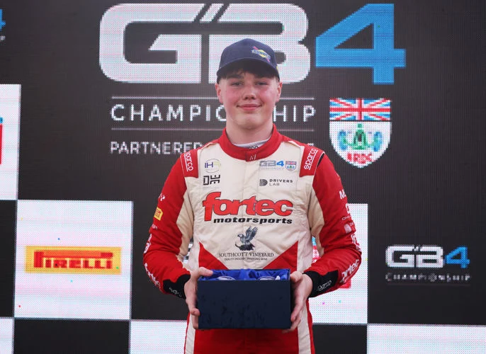 Thomas Ingram Hill takes the Sunoco Fastest Driver of the Weekend Award after setting the quickest race lap at Silverstone in 2026 GB4.