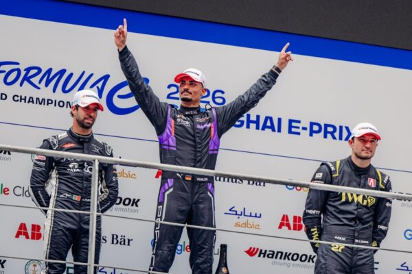 Pascal Wehrlein celebrates victory for Porsche at the 2026 Shanghai E-Prix