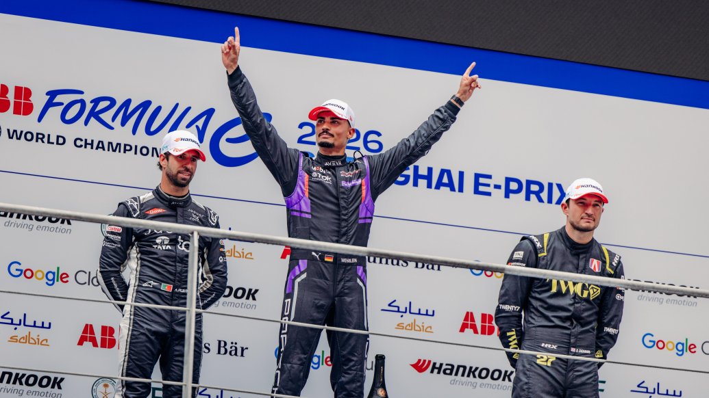Pascal Wehrlein celebrates victory for Porsche at the 2026 Shanghai E-Prix