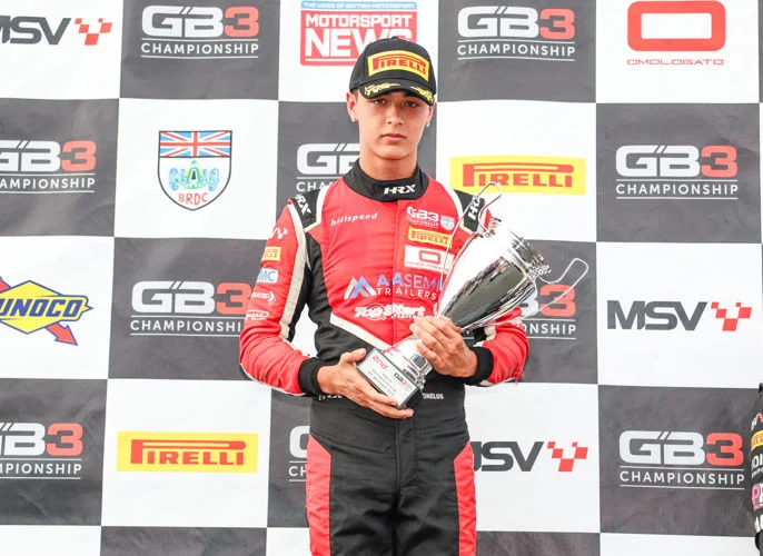 Bouzinelos claims maiden GB3 podium at Donington after remarkable recovery from serious injuries and over a year away from racing.
