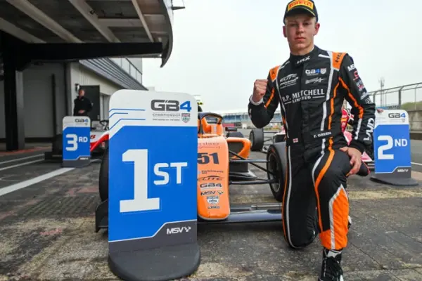 Fred Green wins shortened 2026 GB4 race at Silverstone after red flag, securing second lights-to-flag victory of the weekend.