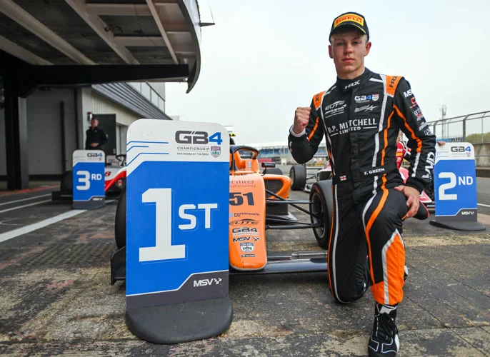 Fred Green wins shortened 2026 GB4 race at Silverstone after red flag, securing second lights-to-flag victory of the weekend.
