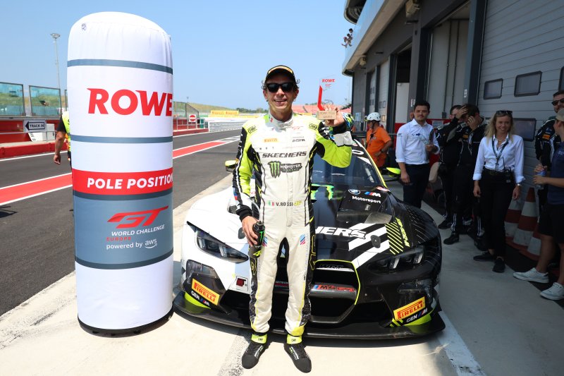 Valentino Rossi claimed his maiden GTWC Europe pole at Misano, beating Andrea Frassineti and Ricardo Feller in Qualifying 1