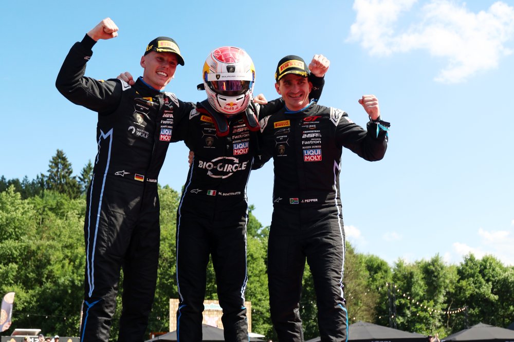 Luca Engstler, Mirko Bortolotti and Jordan Pepper after winning the 2025 CrowdStrike 24 Hours of Spa race.