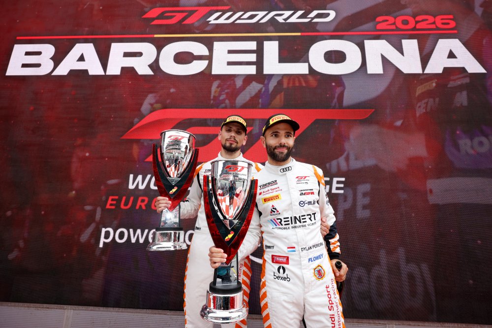 Alex Aka and Dylan Pereira charge from 14th to GTWC Europe Barcelona Race 1 victory as rain and a red flag transform the title fight.