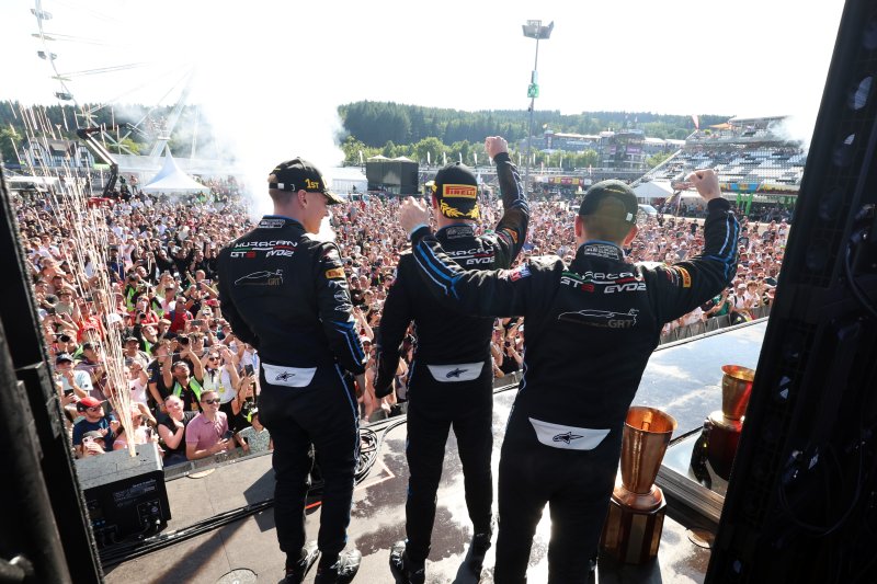 Engstler, Bortolotti and Pepper entering the podium at the CrowdStrike 24h of Spa