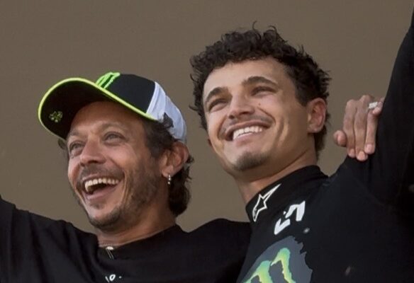 Closeup of Valentino Rossi and Lando Norris on Goodwood House balcony Friday July 10th 2026